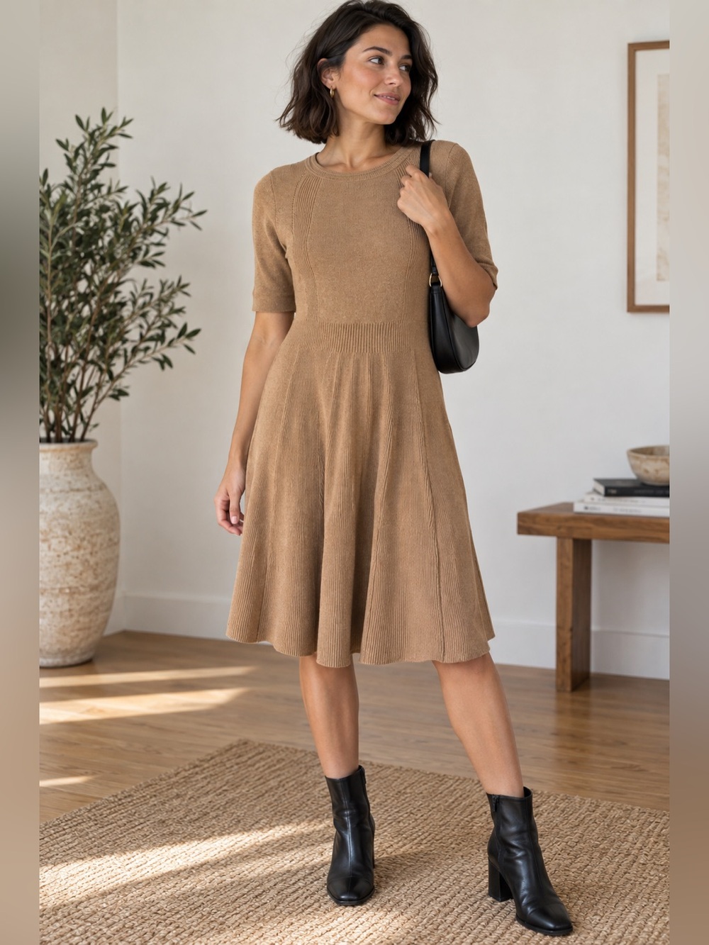 Banana Republic Camel Knit Fit & Flare Dress, Size Small